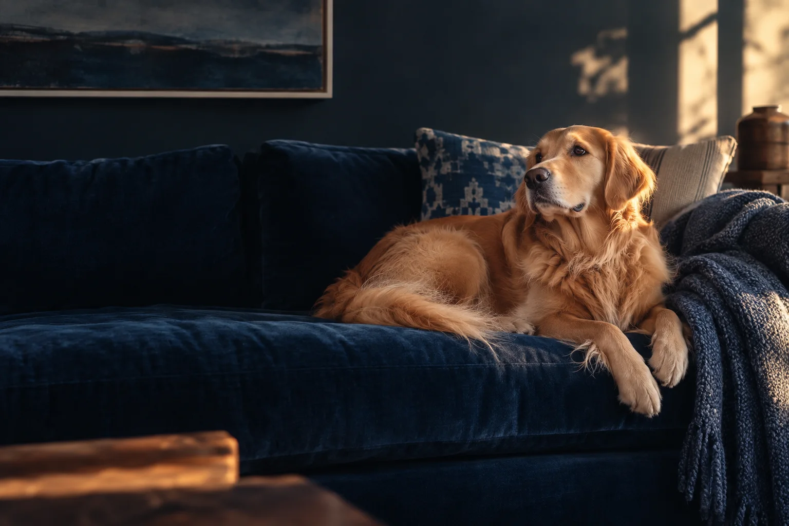 Ein goldener Hund liegt entspannt auf einem dunkelblauen Sofa im warmen Nachmittagslicht.